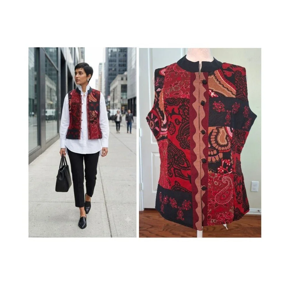 Vintage Patchwork Embroidered Sequin Boho Vest M Frog Closure Artsy Grannycore